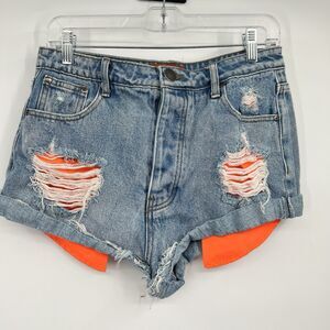 Womens Signature 8 Cut Off Blue Jean Shorts 29” Orange Pockets Raw Hem Boho